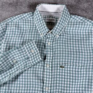 Lacoste Shirt Men's Medium Green Gingham Check Linen Button Up Long Sleeve